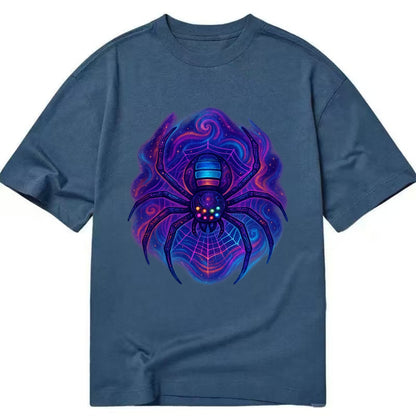 Tech spider with legs showing circuit board patterns, web glowing in neon grid - Classic T-shirt - Twilight Navy(Blue)