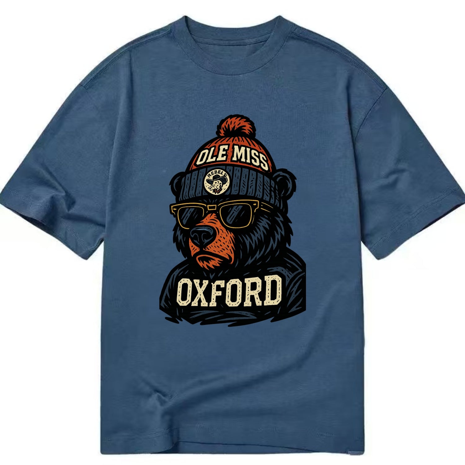 Oxford Black Bear wearing Ole Miss beanie with rebel patch - Classic T-shirt - Twilight Navy(Blue)