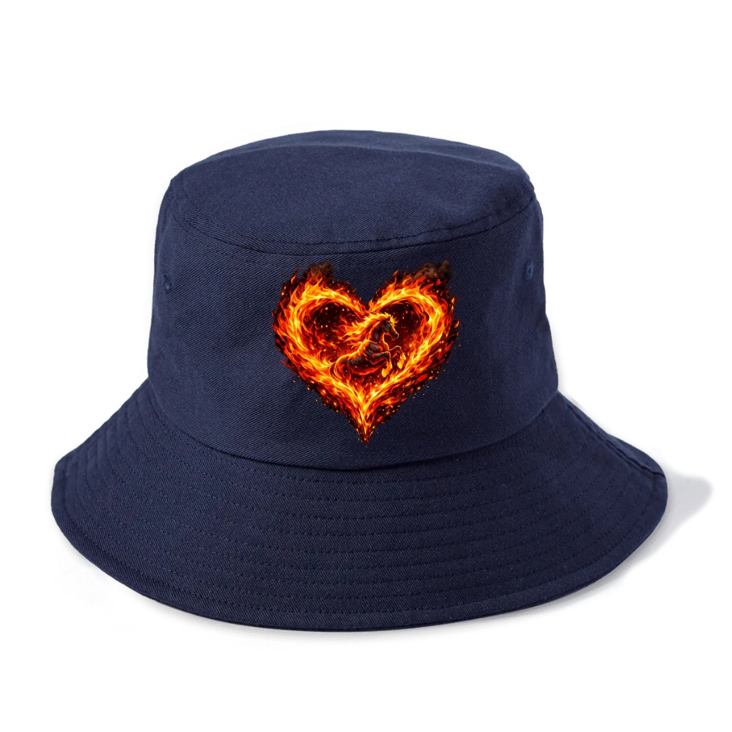 HEART OF FIRE | Flaming heart with horse silhouette inside | Passion embodied | Love - Bucket Hat - Twilight Navy(Blue)