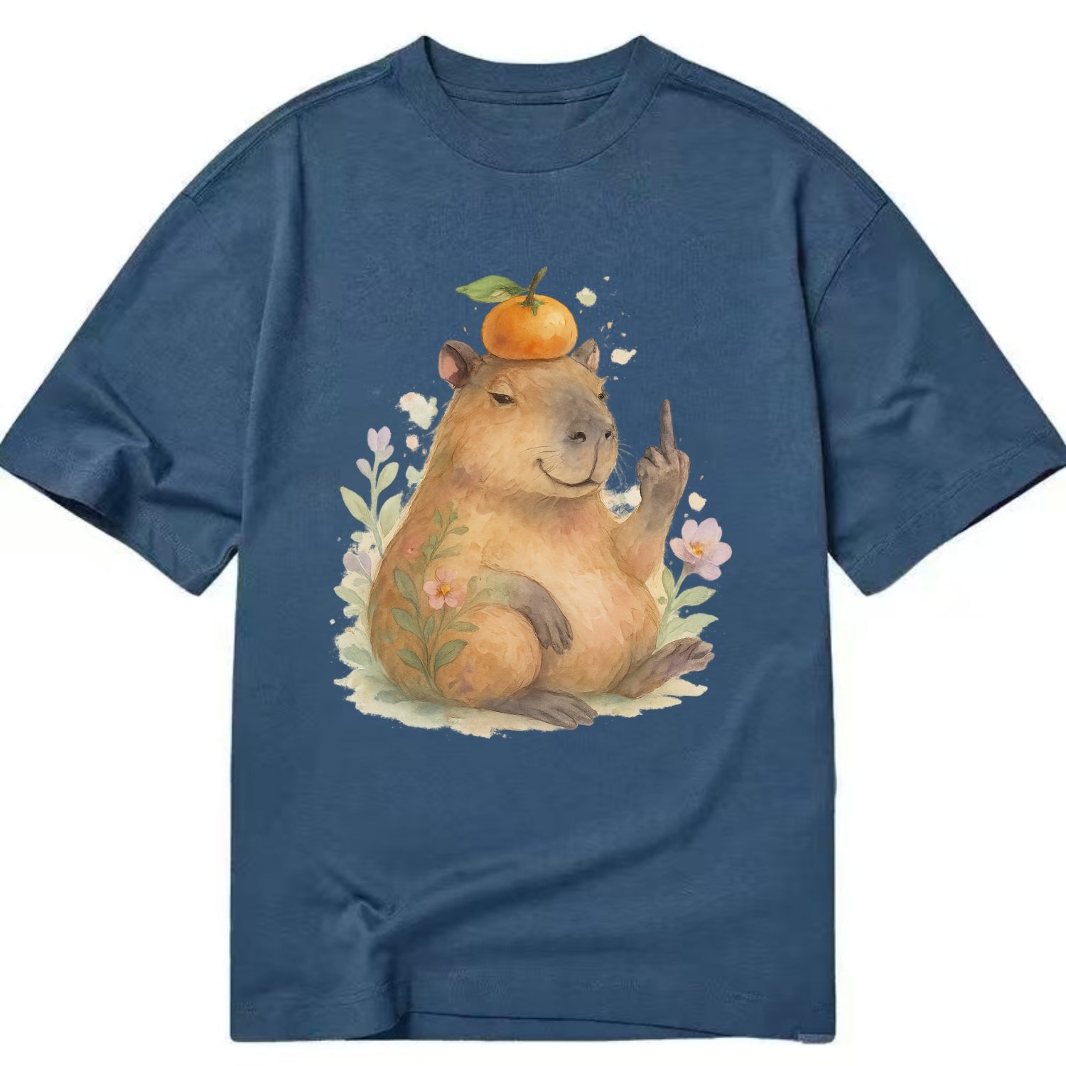 chonky capybara relaxing with orange on head, one webbed middle finger up - Classic T-shirt - Twilight Navy(Blue)
