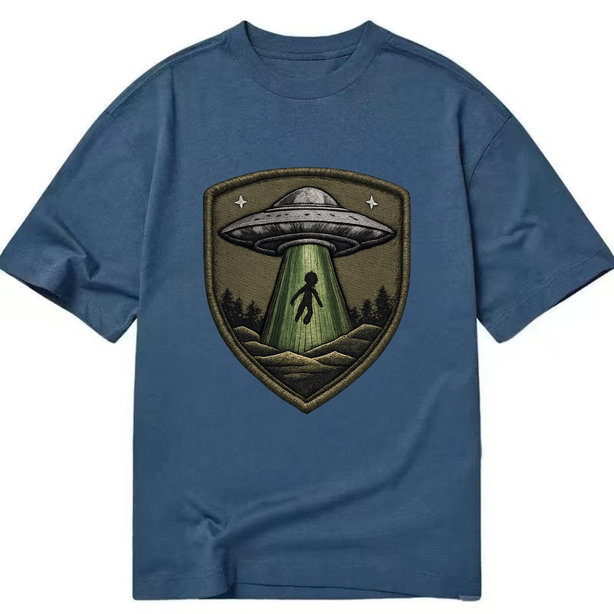 UFO ALIEN - flying saucer with beam in silver and green , extraterrestrial - Classic T-shirt - Twilight Navy(Blue)