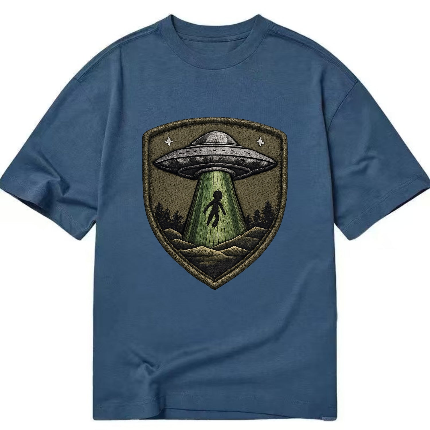UFO ALIEN - flying saucer with beam in silver and green , extraterrestrial - Classic T-shirt - Twilight Navy(Blue)
