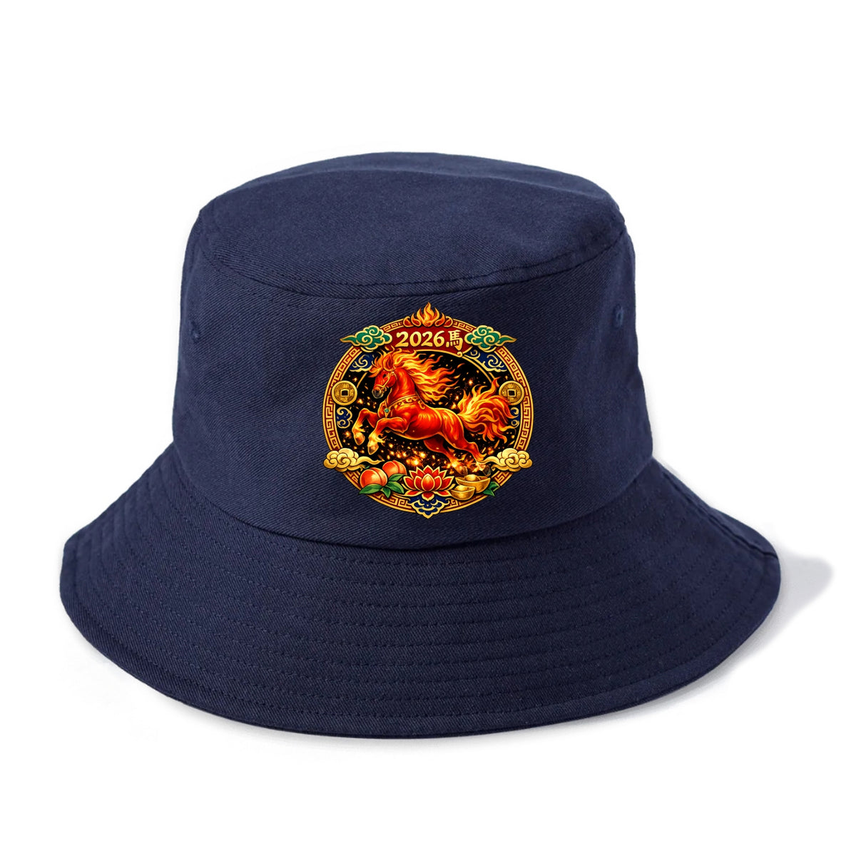 FIRE HORSE | Flaming mane and tail horse | Blazing orange and red colors | Dynamic - Bucket Hat - Twilight Navy(Blue)