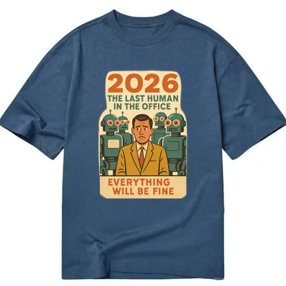 Single human worker surrounded by robot coworkers - "The last human in the office" - Classic T-shirt - Twilight Navy(Blue)