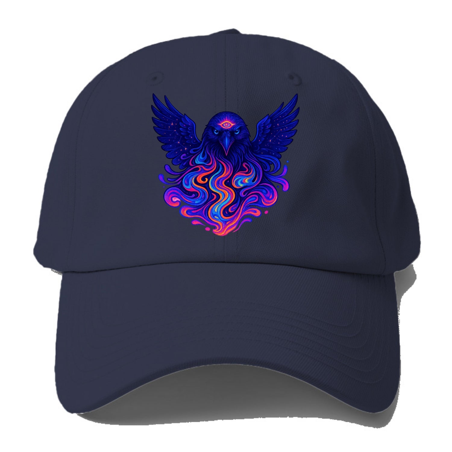 Mysterious raven with feathers showing future visions in neon colors, wings spread - Baseball Cap - Twilight Navy(Blue)