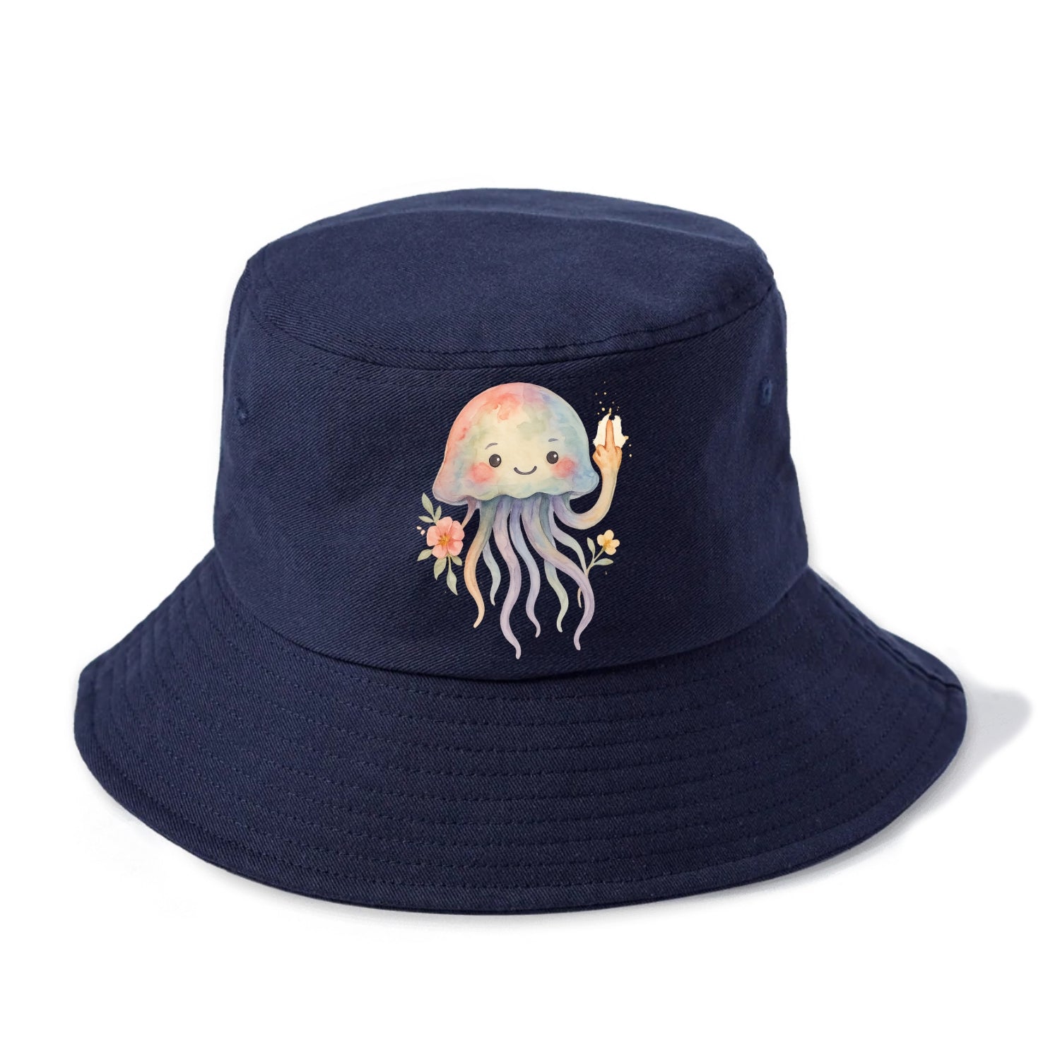 jellyfish with kawaii face and tentacles, one tentacle pointing up defiantly - Bucket Hat - Twilight Navy(Blue)