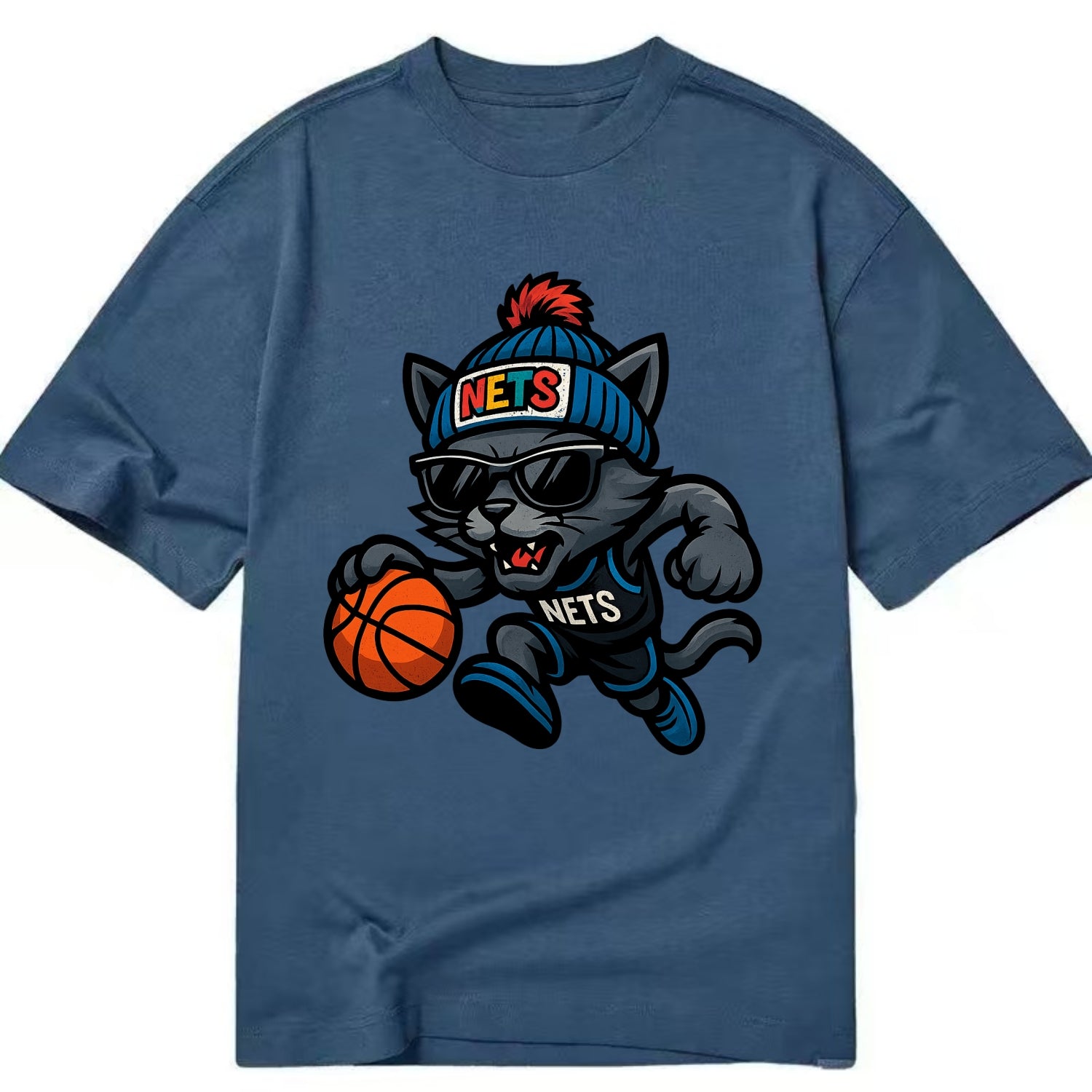 Brooklyn Cat wearing Nets beanie with street art patch and wayfarer sunglasses - Classic T-shirt - Twilight Navy(Blue)