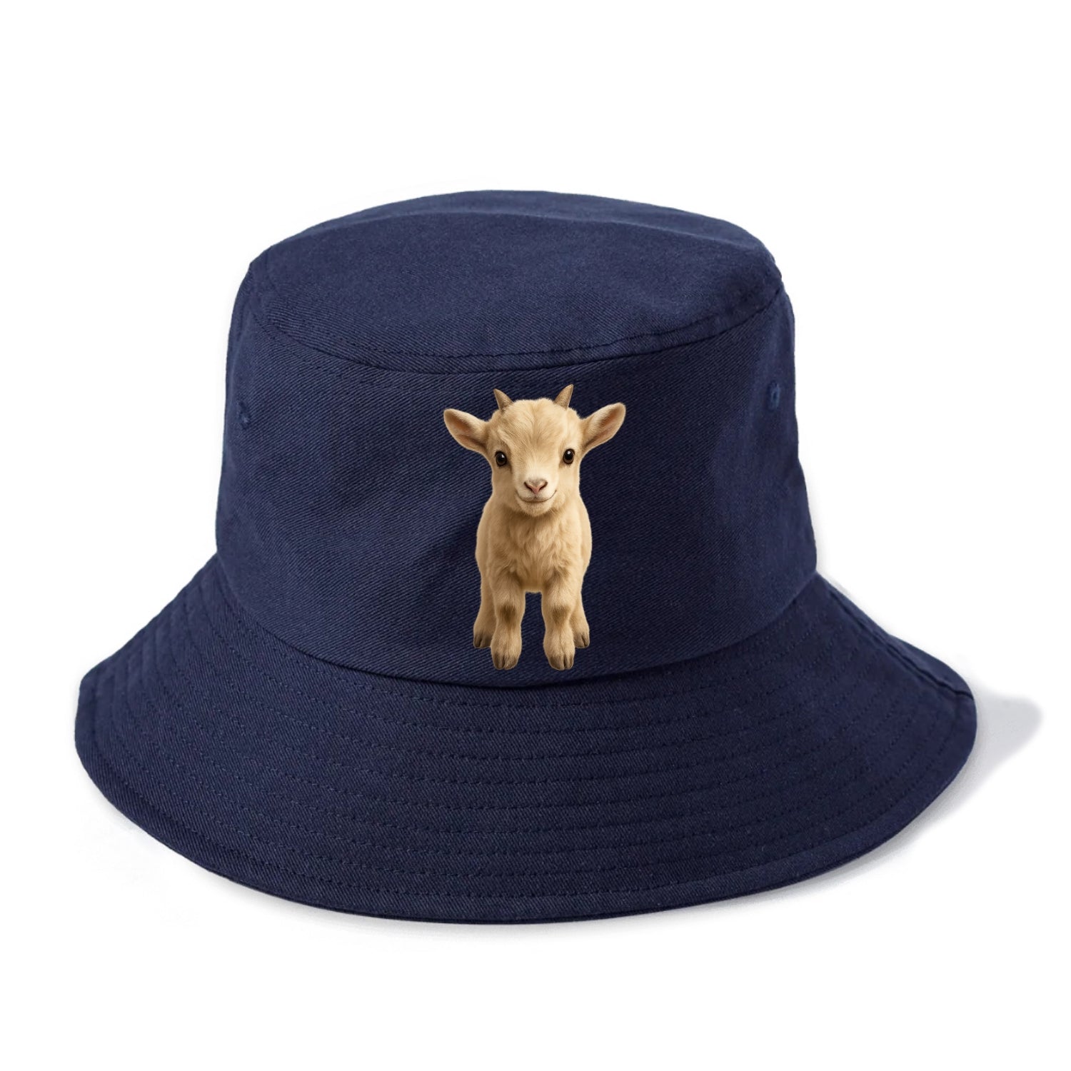 Baby Goat Kid - small horns, rectangular pupils, fluffy, playful eyes, front-facing, - Bucket Hat - Twilight Navy(Blue)