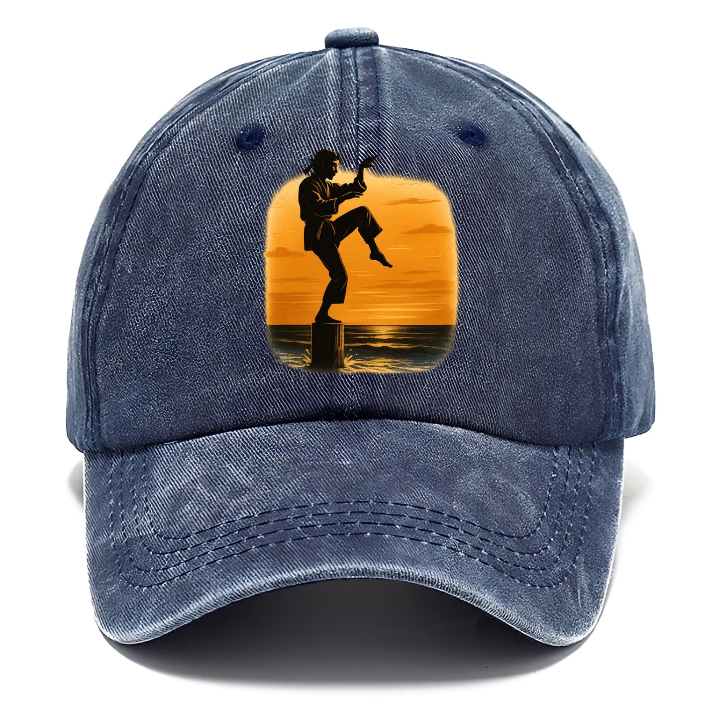 karate crane kick pose on wooden post at beach sunset - Classic Cap - Twilight Navy(Blue)