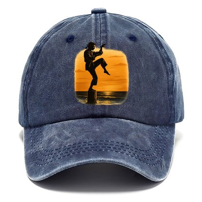 karate crane kick pose on wooden post at beach sunset - Classic Cap - Twilight Navy(Blue)