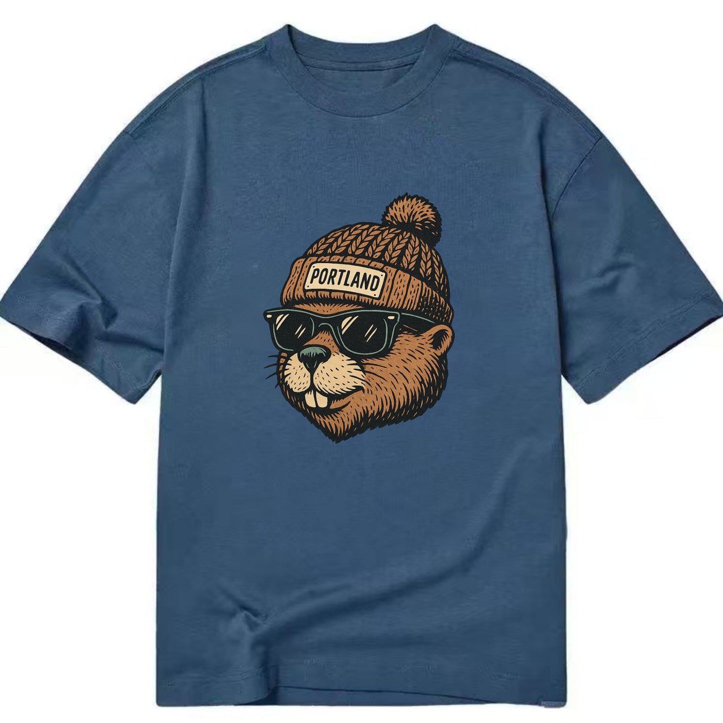 Portland Beaver wearing Portland beanie with pom pom and wayfarer sunglasses - Classic T-shirt - Twilight Navy(Blue)