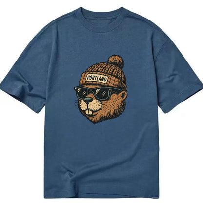 Portland Beaver wearing Portland beanie with pom pom and wayfarer sunglasses - Classic T-shirt - Twilight Navy(Blue)