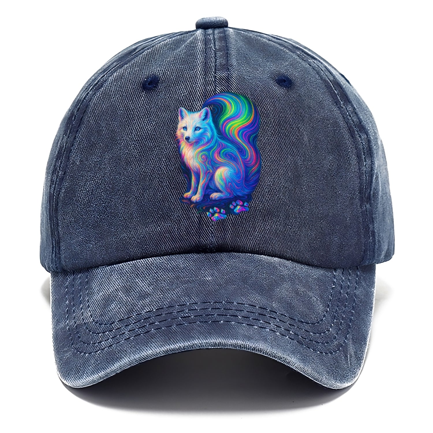 Graceful arctic fox with tail streaming aurora colors, white fur with prismatic - Classic Cap - Twilight Navy(Blue)
