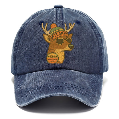Georgia White-tailed Deer wearing Atlanta beanie with pom pom and wayfarer sunglasses - Classic Cap - Twilight Navy(Blue)