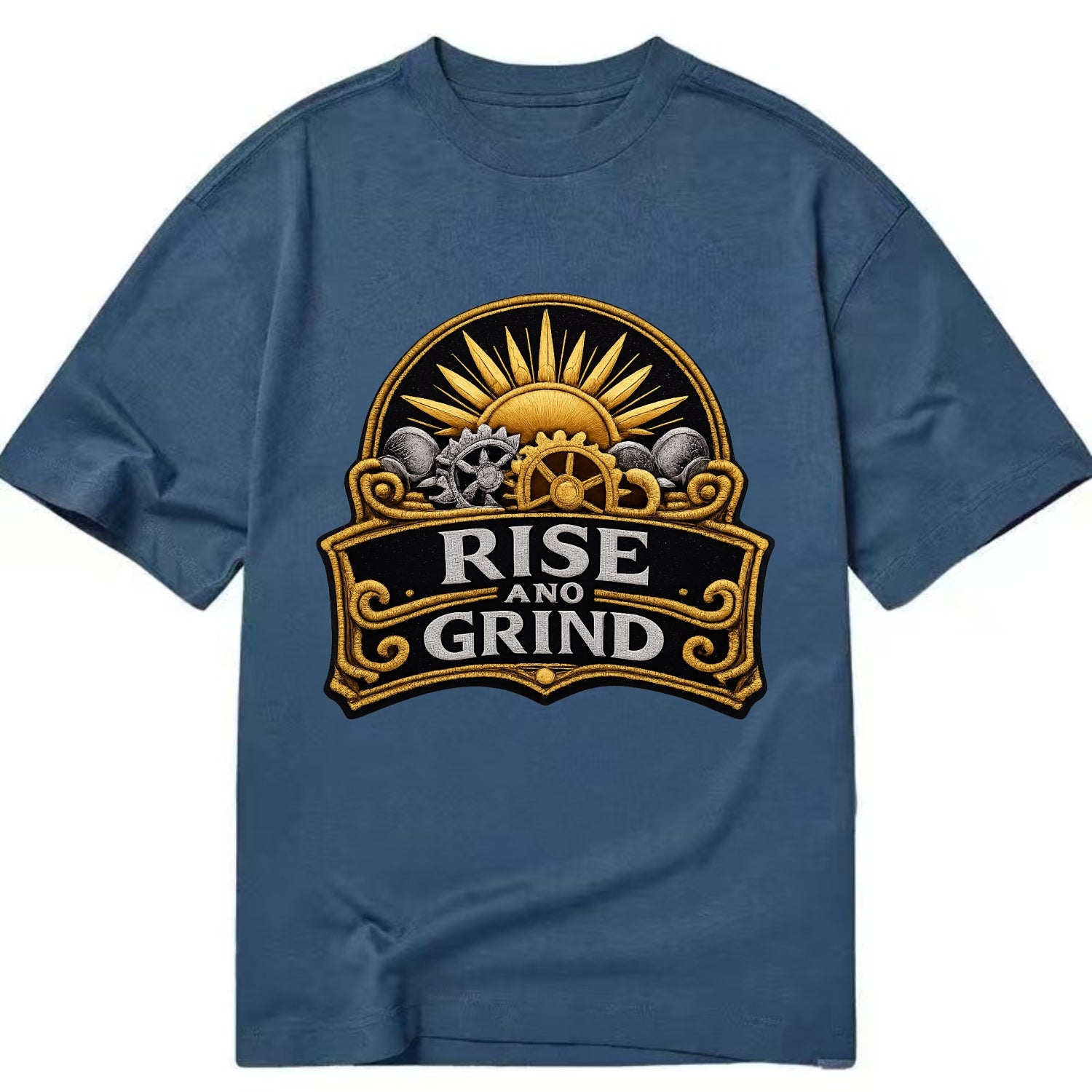 RISE AND GRIND - sun with gears in gold , morning motivation - Classic T-shirt - Twilight Navy(Blue)