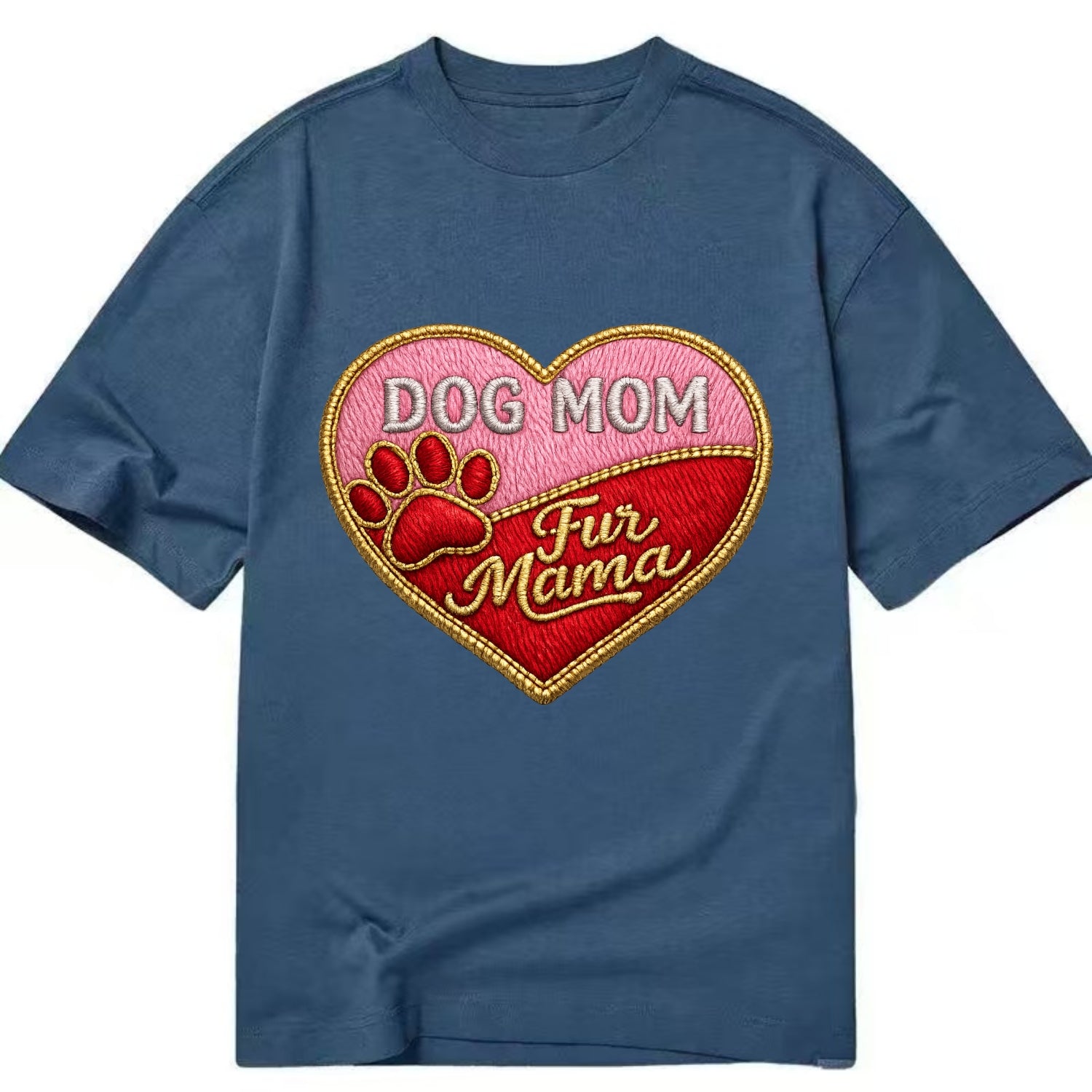 DOG MOM HEART - heart with paw print in pink and red , fur mama - Classic T-shirt - Twilight Navy(Blue)