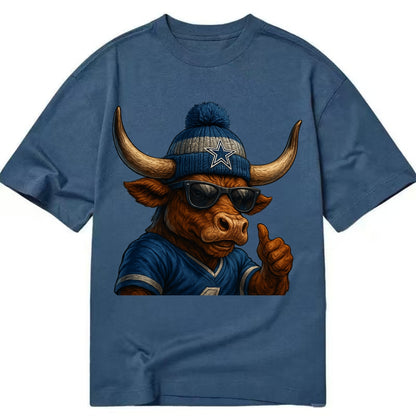 Texas Longhorn wearing Cowboys silver and blue beanie with star and wayfarer - Classic T-shirt - Twilight Navy(Blue)