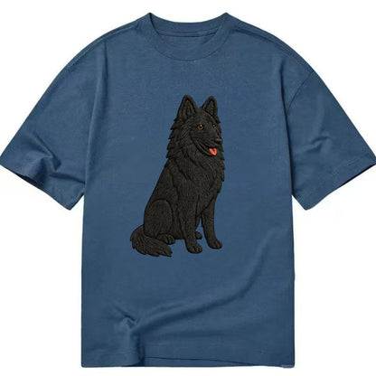 Belgian Sheepdog - Black long-haired embroidered pose - Classic T-shirt - Twilight Navy(Blue)