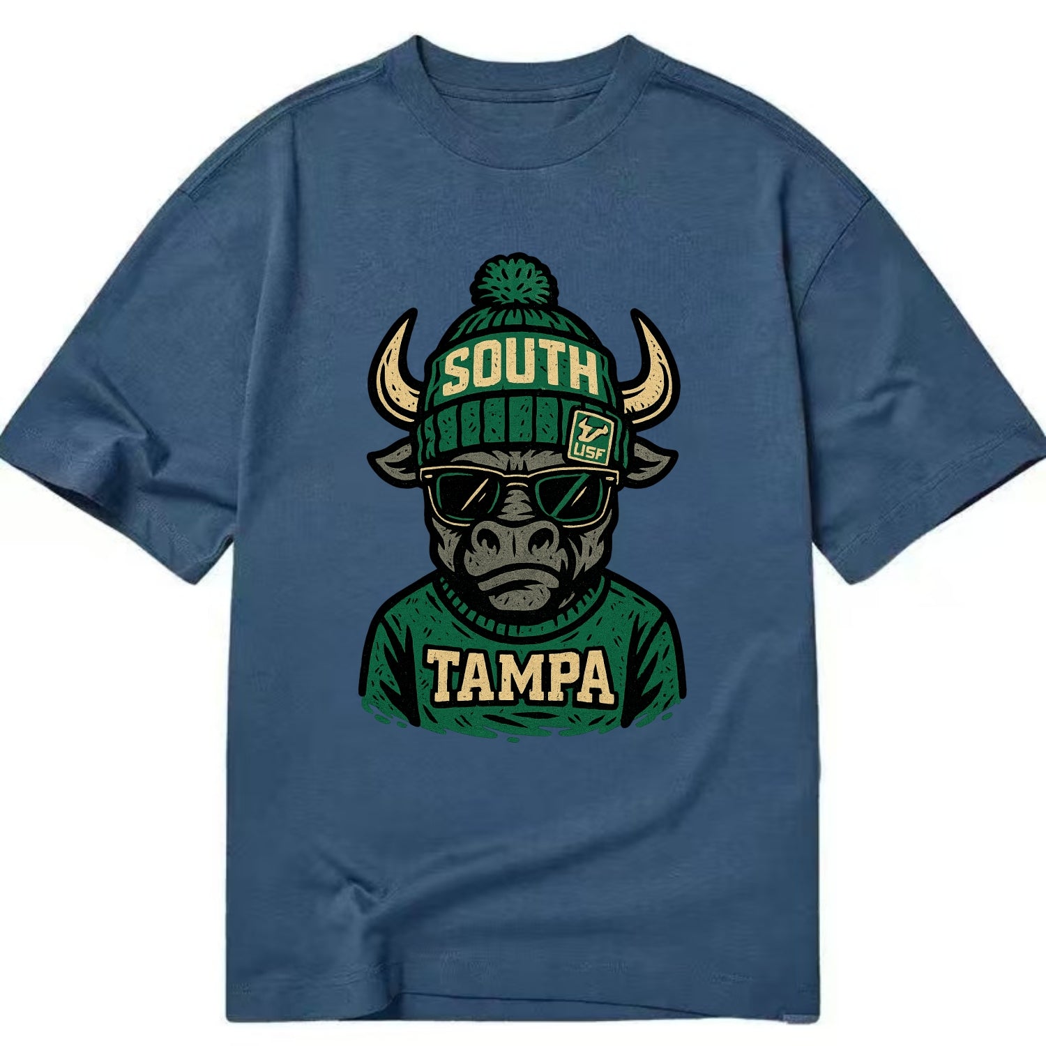 Tampa Bull wearing South Florida beanie with USF patch - Classic T-shirt - Twilight Navy(Blue)
