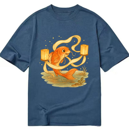 Koi weaving silk streamers through floating lanterns on tranquil water - Classic T-shirt - Twilight Navy(Blue)