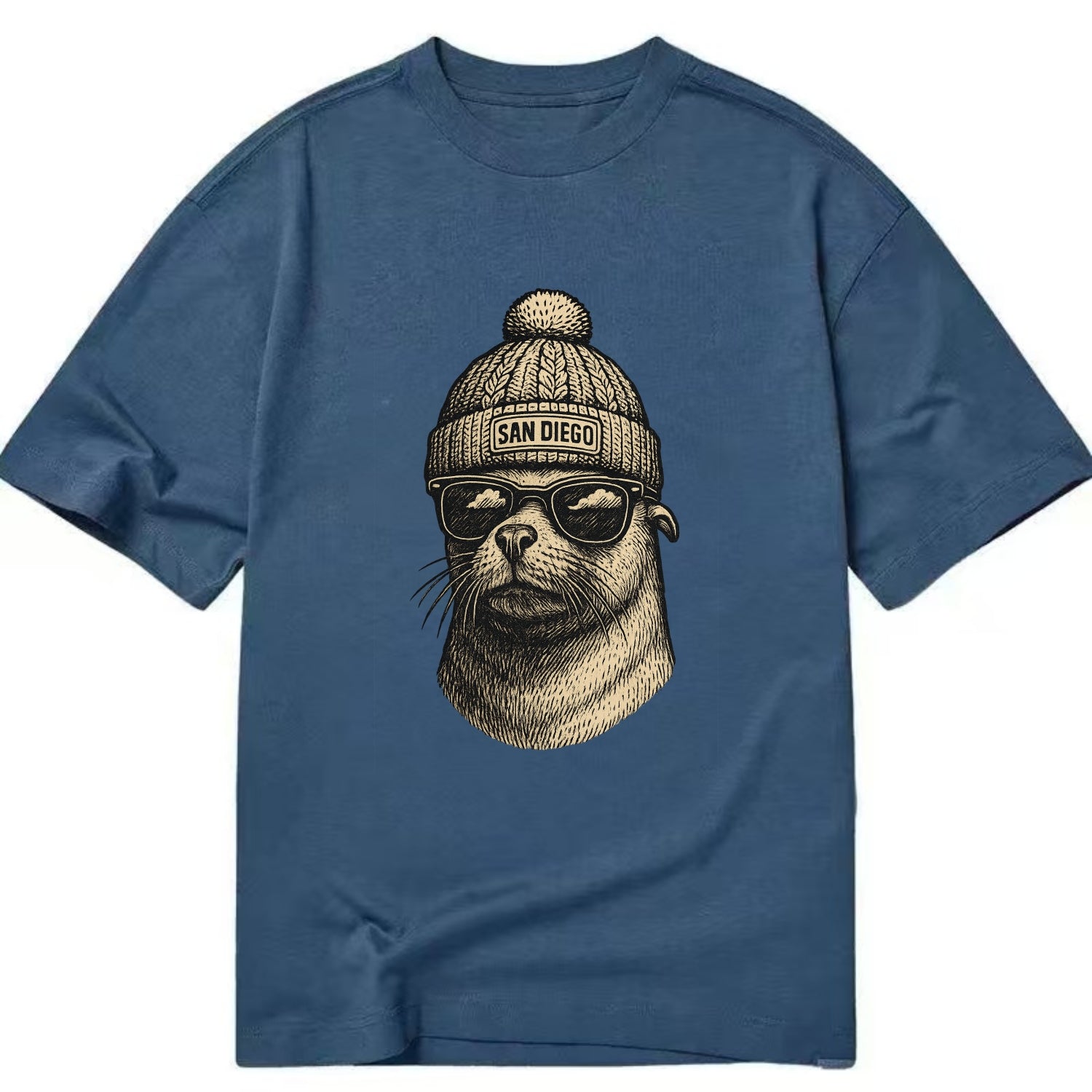 San Diego Sea Lion wearing San Diego beanie with pom pom and wayfarer sunglasses - Classic T-shirt - Twilight Navy(Blue)