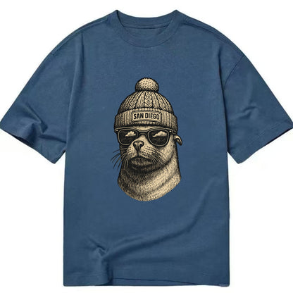 San Diego Sea Lion wearing San Diego beanie with pom pom and wayfarer sunglasses - Classic T-shirt - Twilight Navy(Blue)