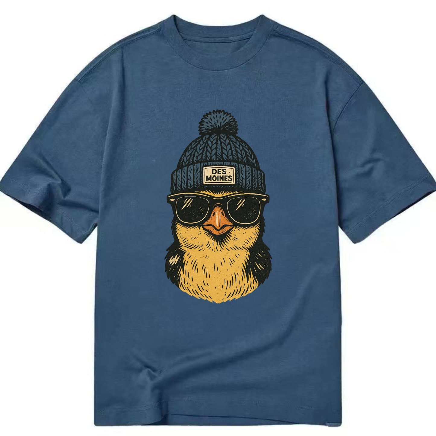 Iowa Goldfinch wearing Des Moines beanie with pom pom and wayfarer sunglasses - Classic T-shirt - Twilight Navy(Blue)