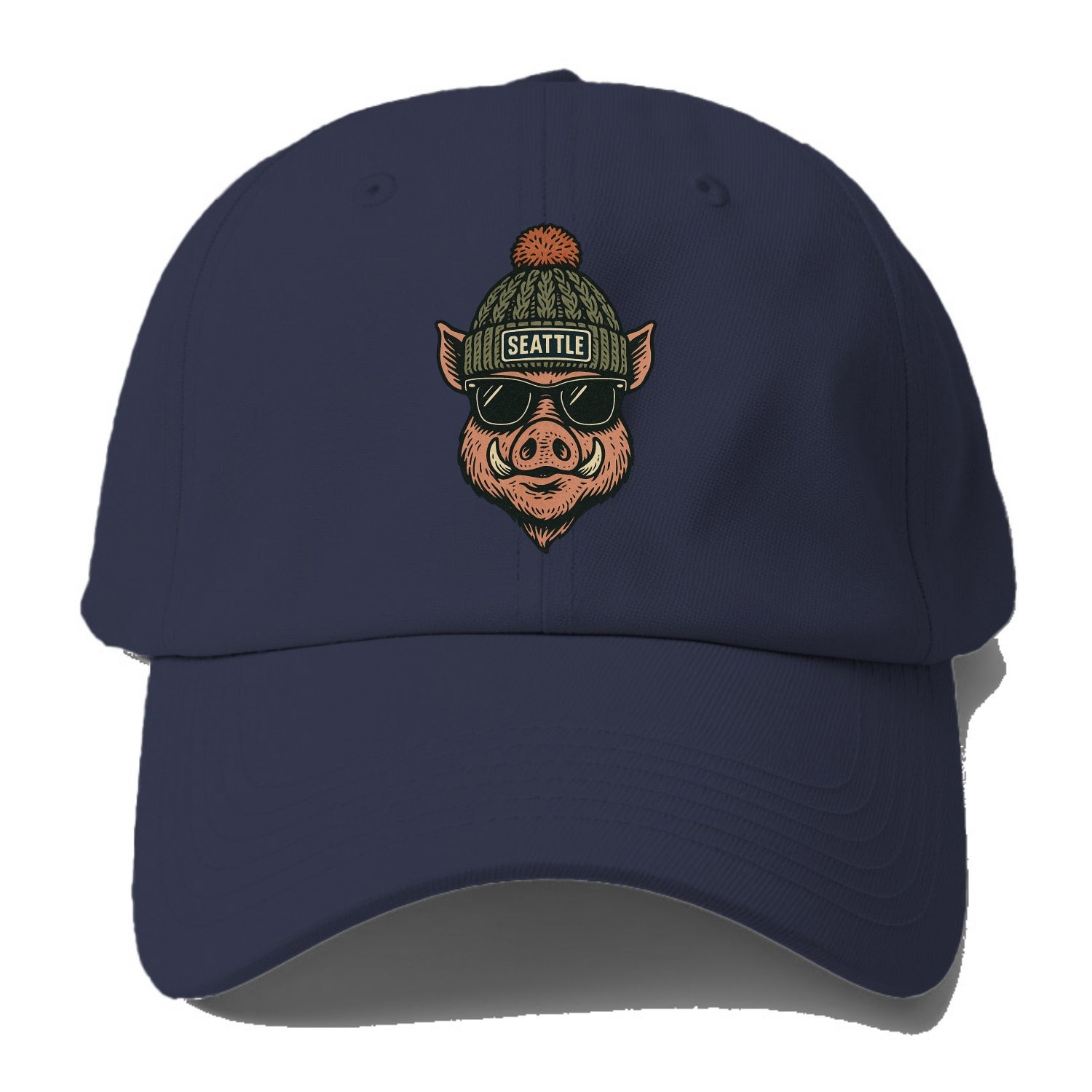 Washington Hog wearing Seattle beanie with pom pom and wayfarer - Baseball Cap For Big Heads - Twilight Navy(Blue)