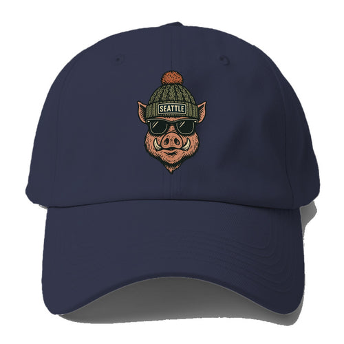 Washington Hog wearing Seattle beanie with pom pom and wayfarer - Baseball Cap For Big Heads
