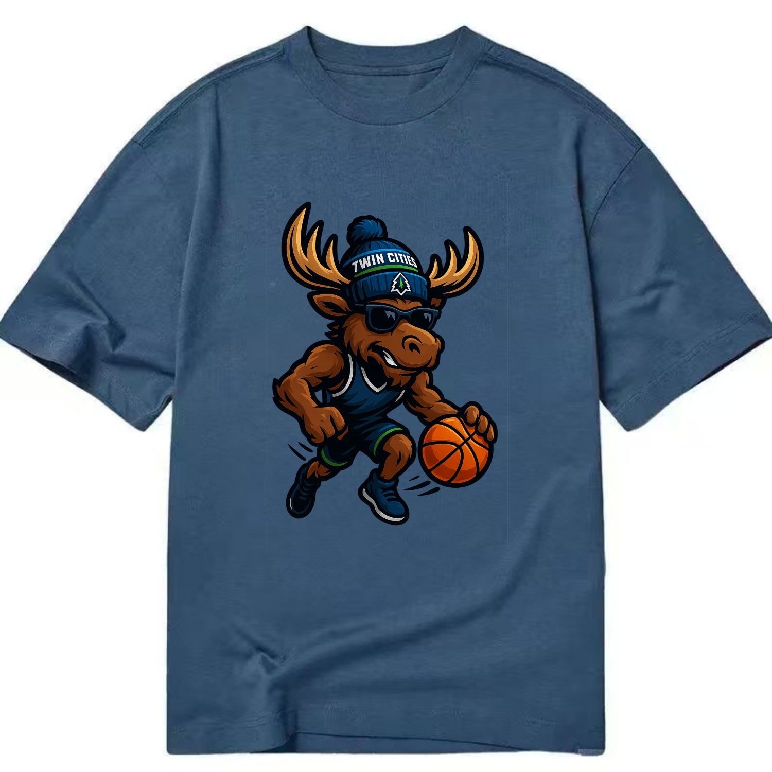 Twin Cities Moose wearing Timberwolves beanie with pine tree patch and wayfarer - Classic T-shirt - Twilight Navy(Blue)