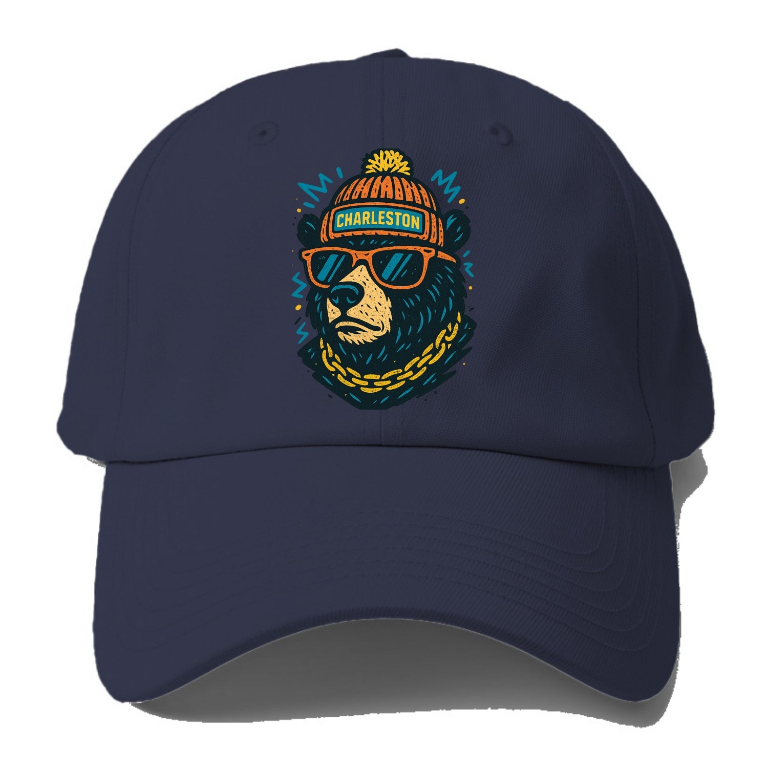 West Virginia Black Bear wearing Charleston beanie with pom pom and - Baseball Cap For Big Heads - Twilight Navy(Blue)