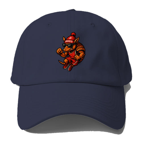 Houston Armadillo wearing Rockets red and silver beanie with rocket ship and - Baseball Cap