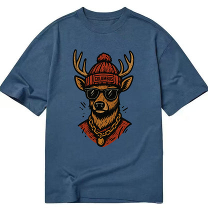 Columbus White-tailed Deer wearing Columbus beanie with pom pom and wayfarer - Classic T-shirt - Twilight Navy(Blue)