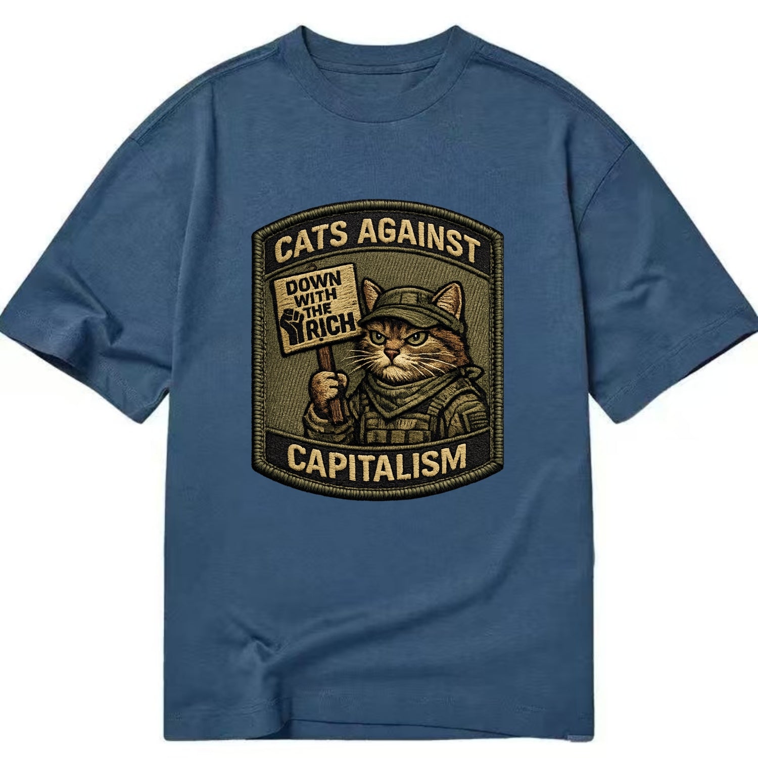 CATS AGAINST CAPITALISM - cat with protest sign in red , political cat - Classic T-shirt - Twilight Navy(Blue)