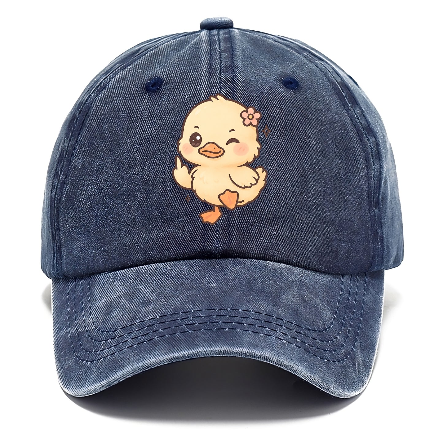 fluffy baby duck with small flower, one webbed foot raised sassily - Classic Cap - Twilight Navy(Blue)