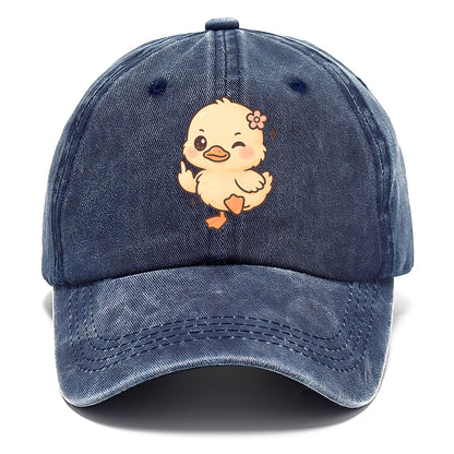 fluffy baby duck with small flower, one webbed foot raised sassily - Classic Cap - Twilight Navy(Blue)