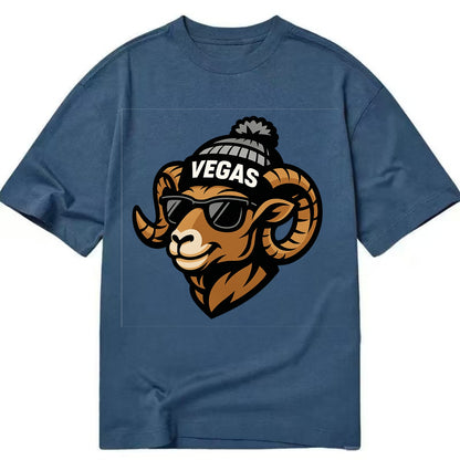 Vegas Desert Bighorn wearing Raiders silver and black beanie with pom pom and - Classic T-shirt - Twilight Navy(Blue)