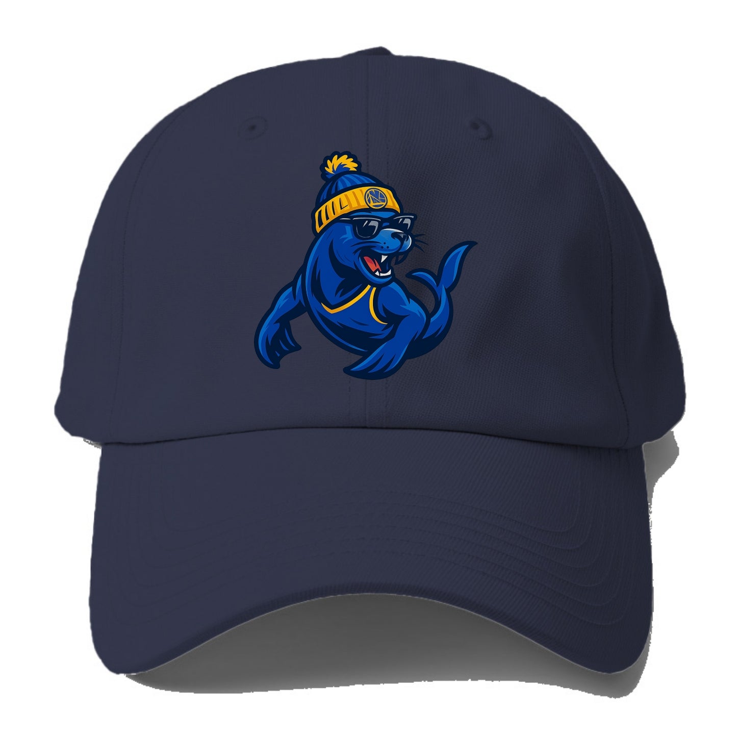 Bay Area Sea Lion wearing Warriors blue and gold beanie with Golden - Baseball Cap For Big Heads - Twilight Navy(Blue)