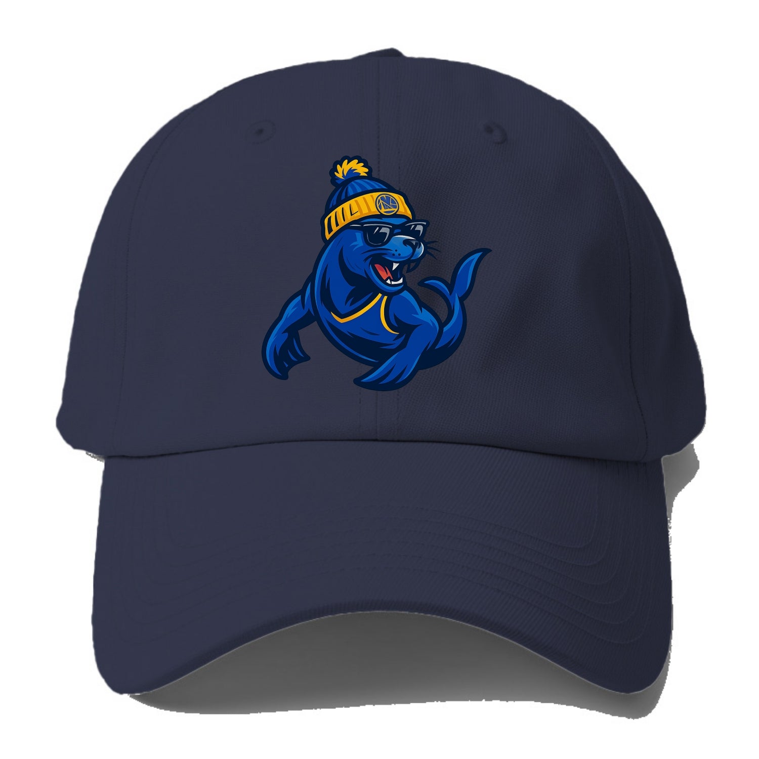 Bay Area Sea Lion wearing Warriors blue and gold beanie with Golden - Baseball Cap For Big Heads - Twilight Navy(Blue)
