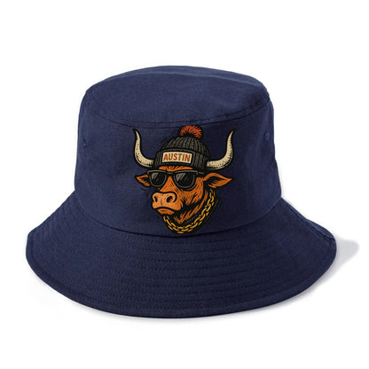 Texas Longhorn wearing Austin beanie with pom pom and wayfarer sunglasses - Bucket Hat - Twilight Navy(Blue)