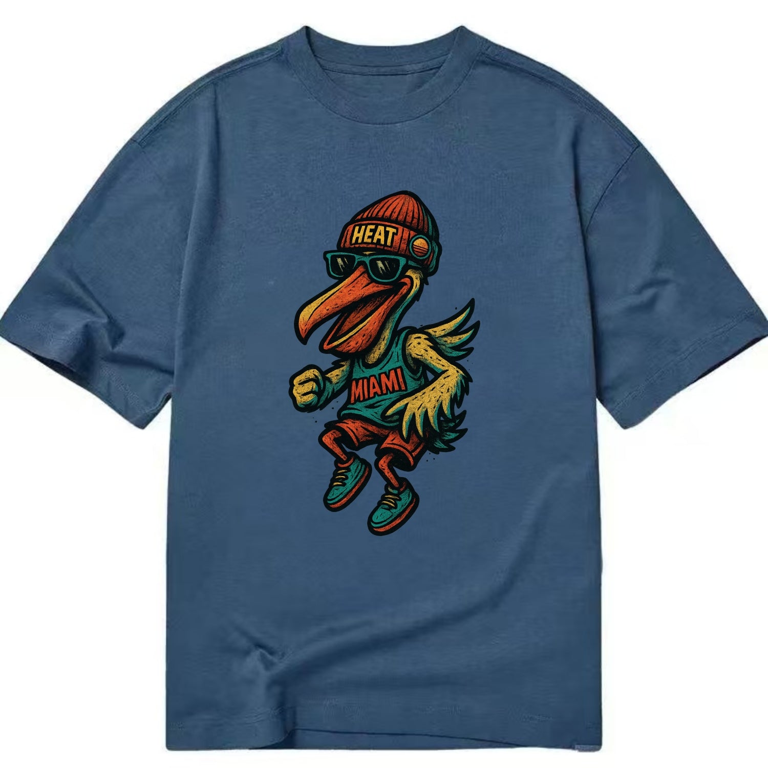 Miami Pelican wearing Heat beanie with sunset patch and wayfarer sunglasses - Classic T-shirt - Twilight Navy(Blue)