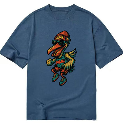 Miami Pelican wearing Heat beanie with sunset patch and wayfarer sunglasses - Classic T-shirt - Twilight Navy(Blue)