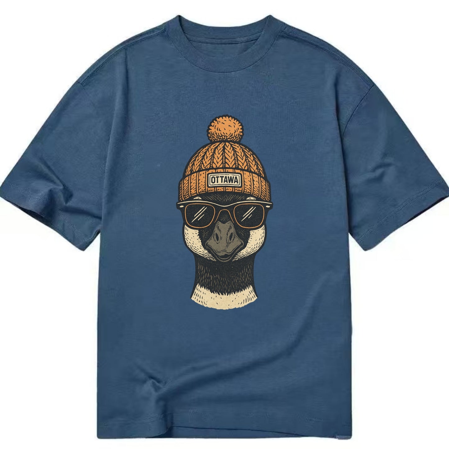 Ottawa Canadian Goose wearing Ottawa beanie with pom pom and wayfarer sunglasses - Classic T-shirt - Twilight Navy(Blue)
