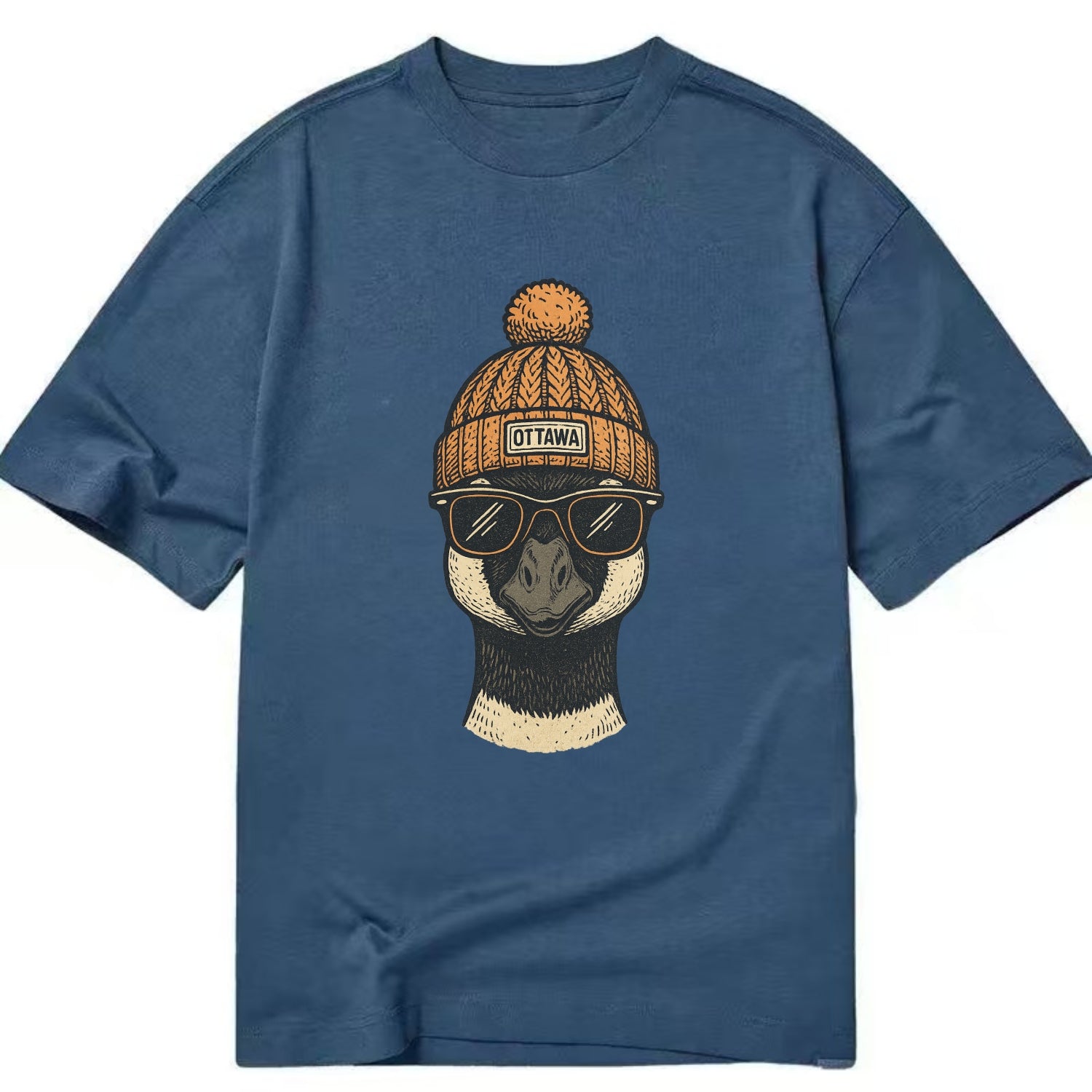 Ottawa Canadian Goose wearing Ottawa beanie with pom pom and wayfarer sunglasses - Classic T-shirt - Twilight Navy(Blue)