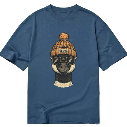 Ottawa Canadian Goose wearing Ottawa beanie with pom pom and wayfarer sunglasses - Classic T-shirt - Twilight Navy(Blue)