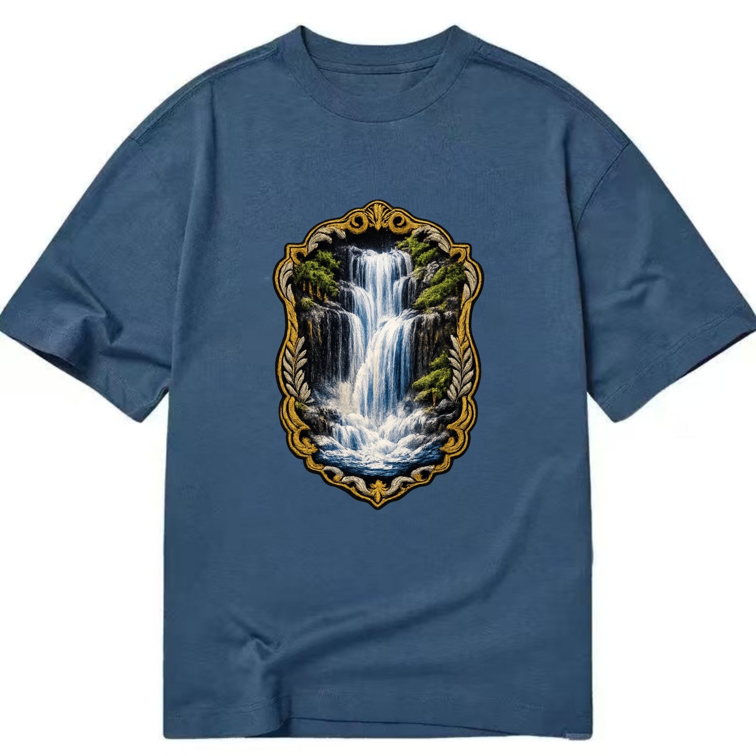 WATERFALL CASCADE - falling water with mist in blue and white , nature wonder - Classic T-shirt - Twilight Navy(Blue)