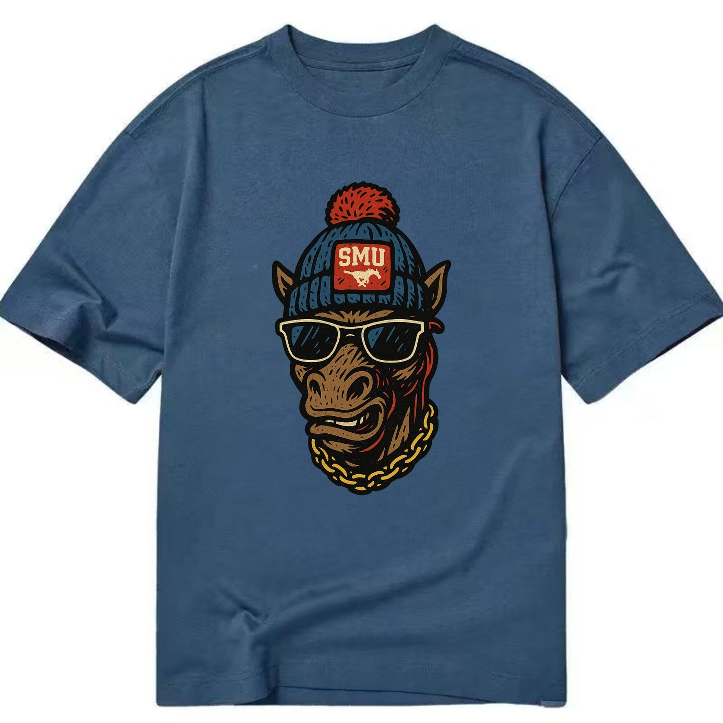 Dallas Mustang wearing SMU beanie with pony patch - Classic T-shirt - Twilight Navy(Blue)