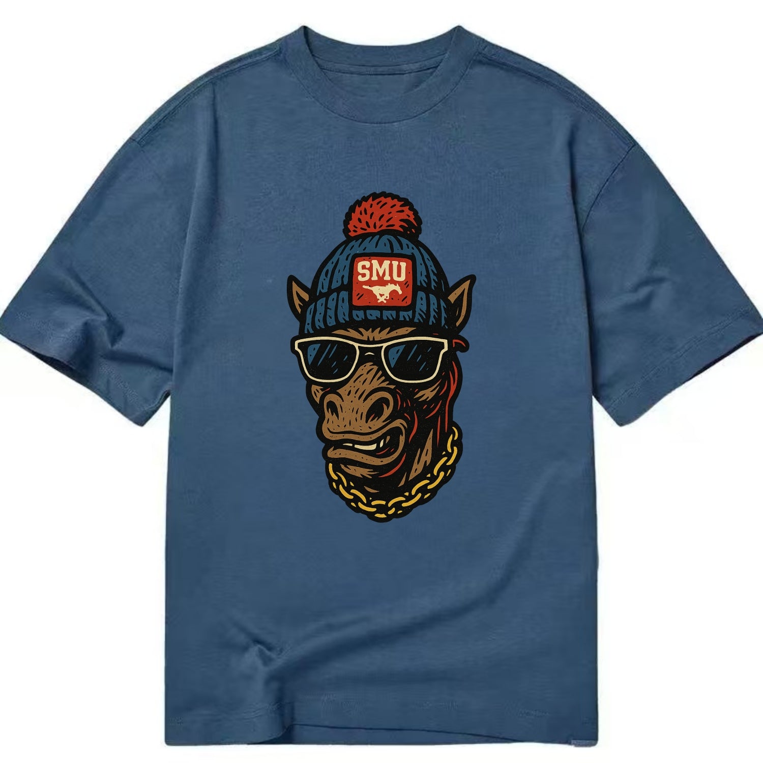 Dallas Mustang wearing SMU beanie with pony patch - Classic T-shirt - Twilight Navy(Blue)