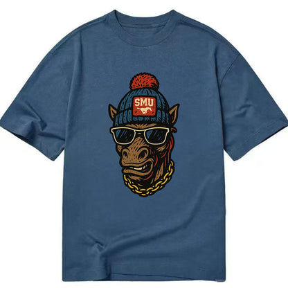 Dallas Mustang wearing SMU beanie with pony patch - Classic T-shirt - Twilight Navy(Blue)