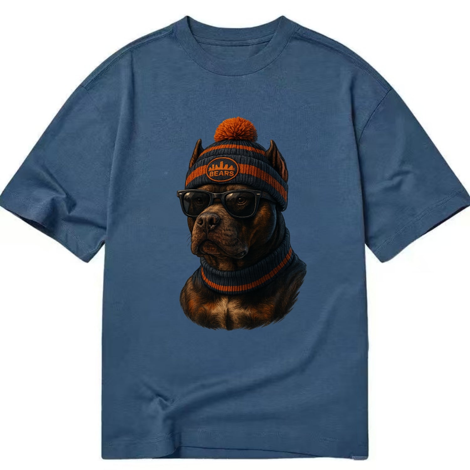 Chicago Pitbull wearing Bears beanie with skyline patch and wayfarer sunglasses - Classic T-shirt - Twilight Navy(Blue)